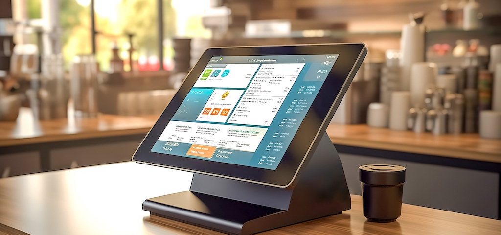 touch cash register terminal in catering facilities. bar and restaurant, payment system, made with Generative AI